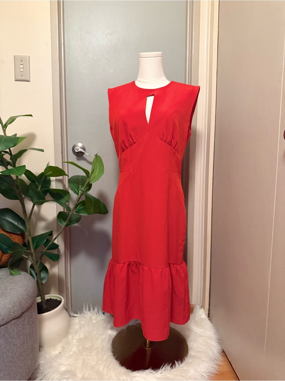 Milly Bold Red Sleeveless Midi Dress with Ruffle Hem